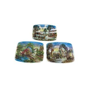 Hand-Painted Japan 3D Ceramic Scenic Plates Country, Winter & Spring  Plaque Set